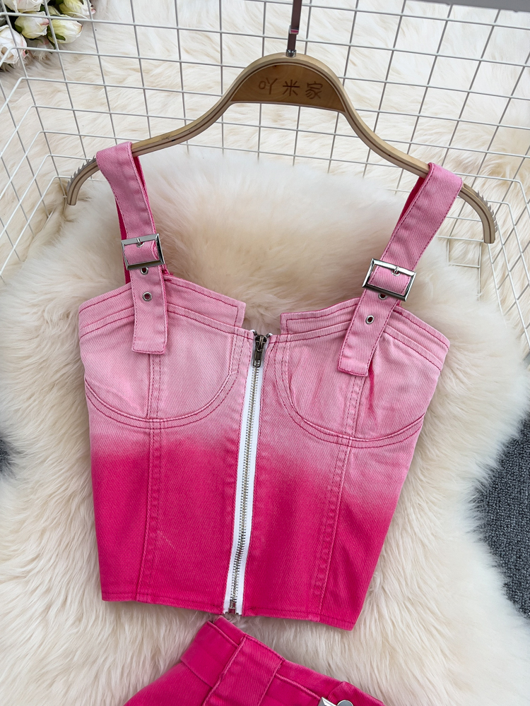 Two Piece Dress DEAT Fashion Contrast Color Gradient Twopiece Women Denim Zipper Sling Vest High Waist Bandage Skirt Spring 11XX01037 230512