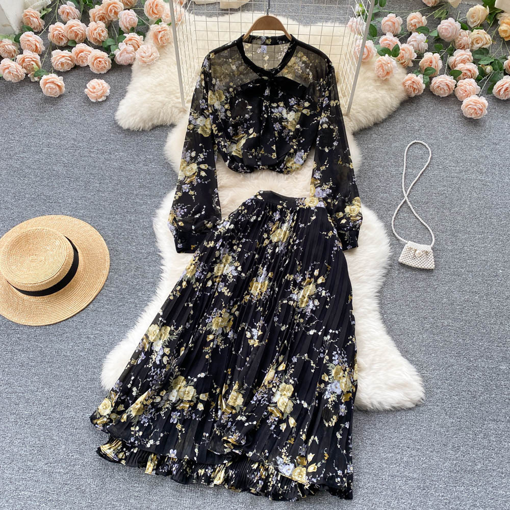 Two Piece Dress Chiffon Sundress with Pleated Skirt Long Sleeve Shirts Sets 2 Floral Summer Lace Up Top Suits Holiday Women Clothes 230512