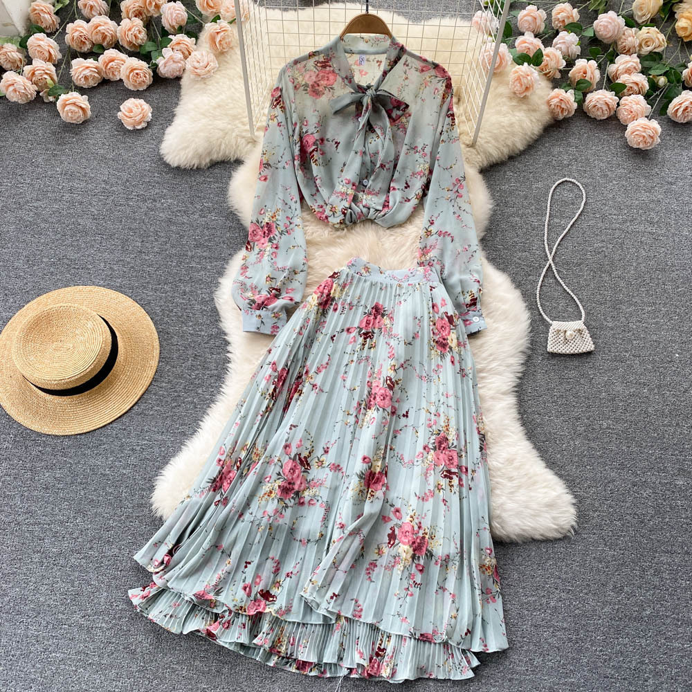 Two Piece Dress Chiffon Sundress with Pleated Skirt Long Sleeve Shirts Sets 2 Floral Summer Lace Up Top Suits Holiday Women Clothes 230512