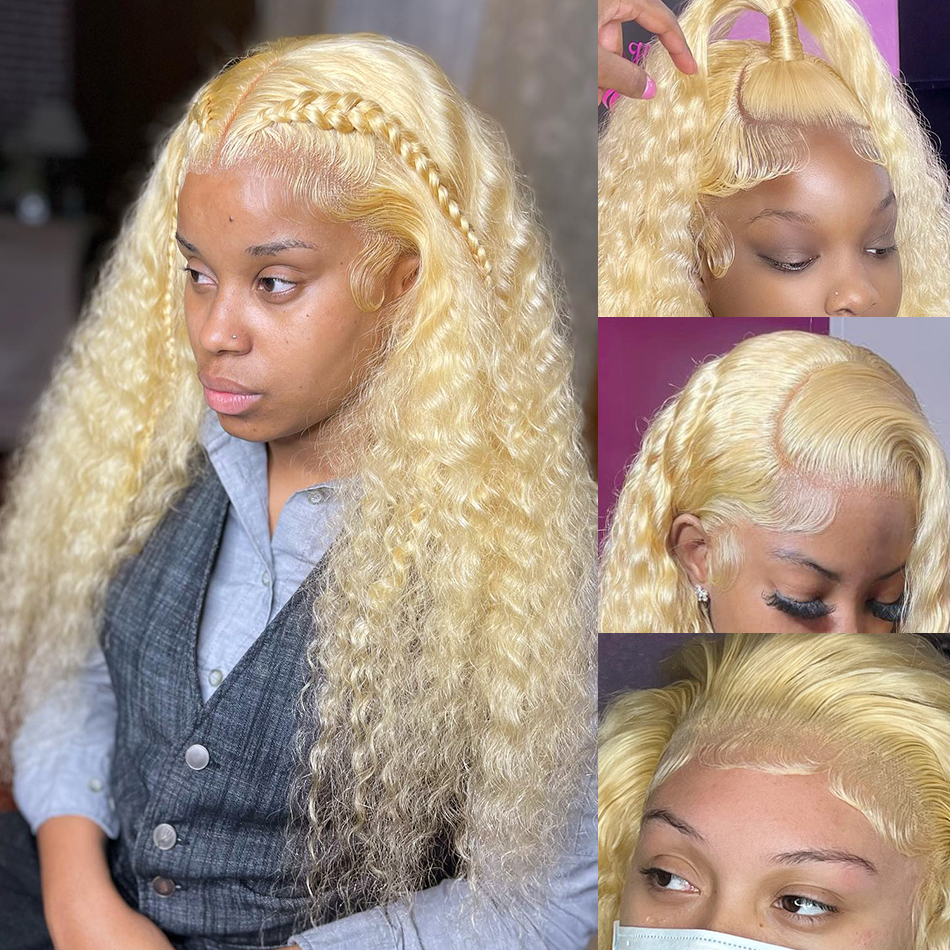13x4 Deep Wave Lace Front Human Hair Wigs Brazilian 250% Loose Curly 13x4 Frontal Wig For Women 30 Inch 613 Honey Blonde Synthetic Wig