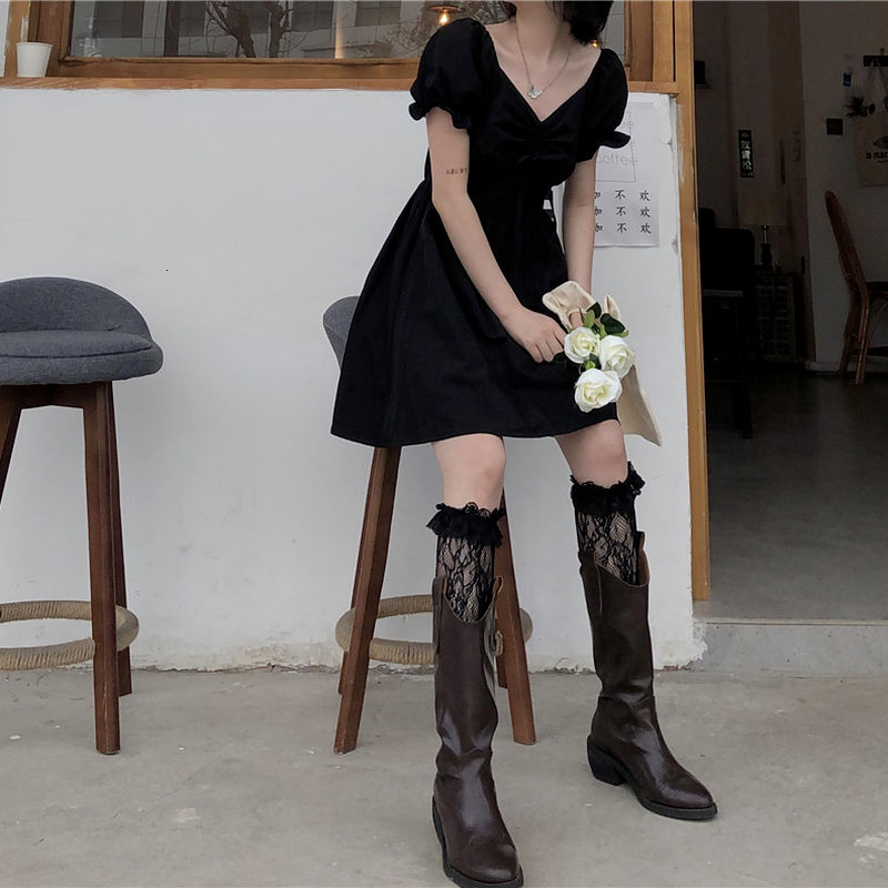 Casual Dresses QWEEK Sweet White Puff Sleeve Dress Women Mori Vintage Wrap Bodycon Short Dresses Preppy Style School Robes Female 230512