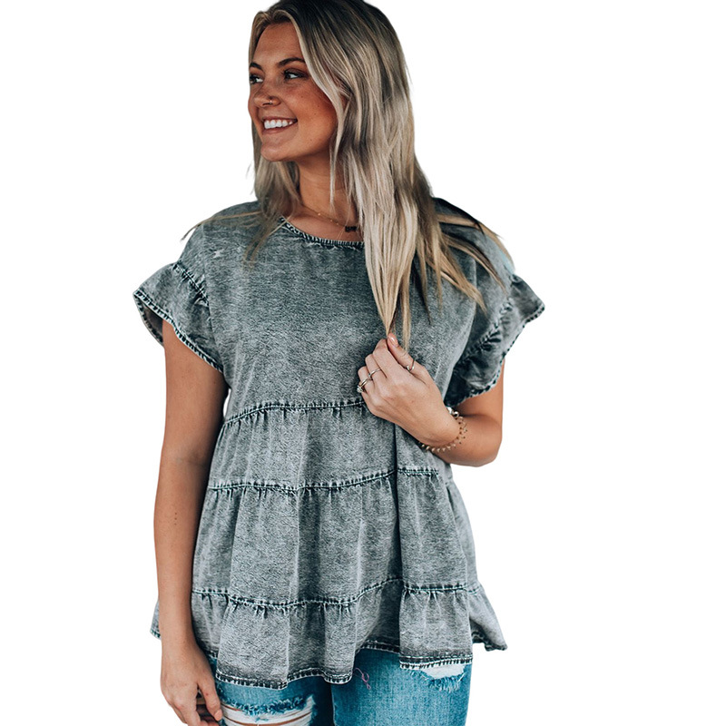 Women' T-Shirt Summer denim short sleeve personality solid color round neck T-shirts, 01
Women' T-Shirt Summer denim short sleeve personality solid color round neck T-shirts, 01