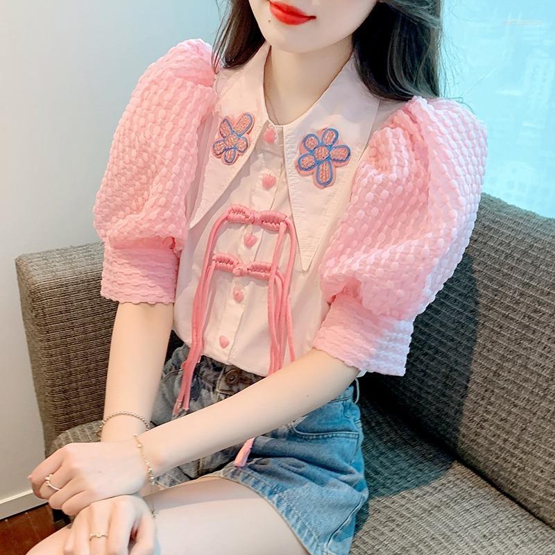 Women' Blouses Summer Short-Sleeved Shirts And Women' Clothing 2023 Design Sense Chic Beautiful Top Flower Tassel Buttons Blouse, Picture color 
Women' Blouses Summer Short-Sleeved Shirts And Women' Clothing 2023 Design Sense Chic Beautiful Top Flower Tassel Buttons Blouse, Picture color