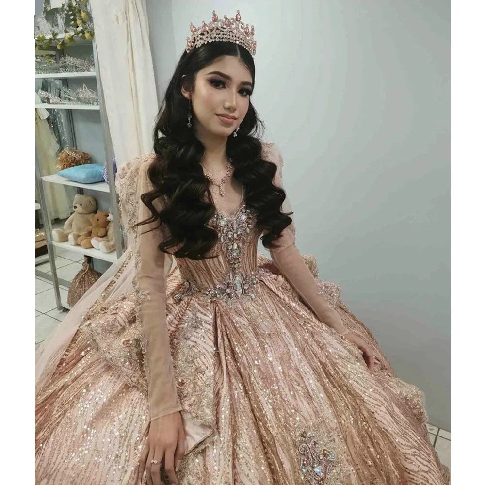 Rose Gold Long Sleeve Princess Quinceanera Dresses Glitter Beading Crystal Ruffles lace-up corset prom Vestido De XV Anos, Hunter
Rose Gold Long Sleeve Princess Quinceanera Dresses Glitter Beading Crystal Ruffles lace-up corset prom Vestido De XV Anos, Hunter