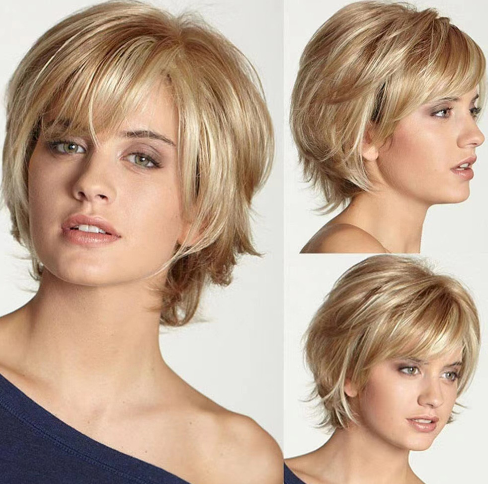 The latest wig women short head cover is fluffy brown gold slanted bangs short straight hair rose net wig head cover with many styles to choose from