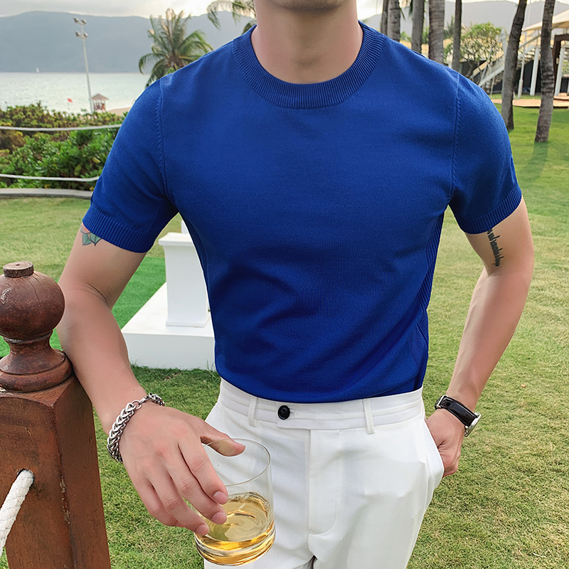 Men's TShirts British Style Summer Ice Silk Short Sleeve Knitted T Shirts Men Simple Pure Color ONeck Casual Slim Tee Shirt Top Homme M3XL 230512