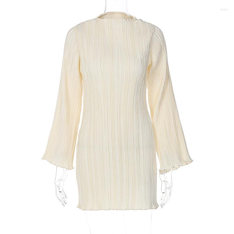 Casual Dresses Vintage Party Mini Fashion Women Long Sleeve Vestidos Female Bodycon Solid O-Neck Holiday Pleated Dress