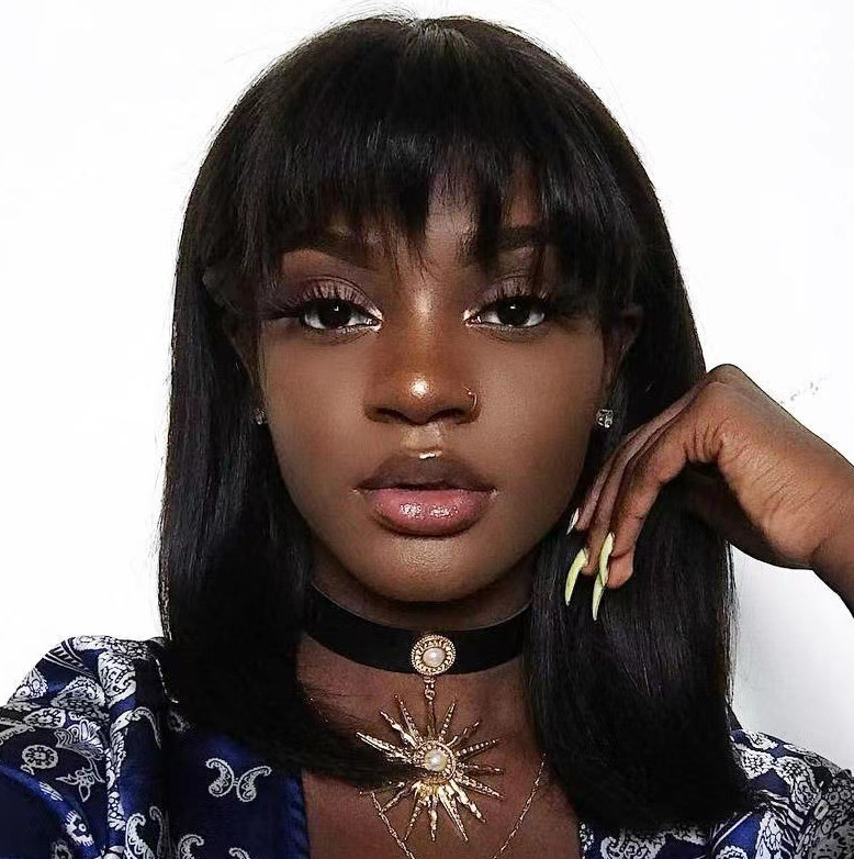 The latest wig women short head cover is fluffy brown gold slanted bangs short straight hair rose net wig head cover with many styles to choose from