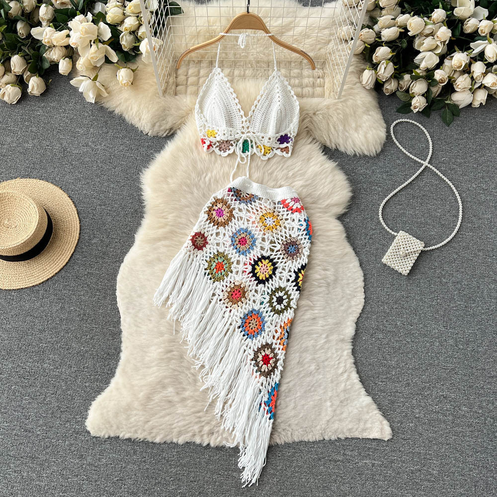 Two Piece Dress Summer Bathing Suit Women 2 Set Spaghetti Straps Bikini Bra Tassel Hip Skirts Matching Beho Knitted Hand Crochet 230512