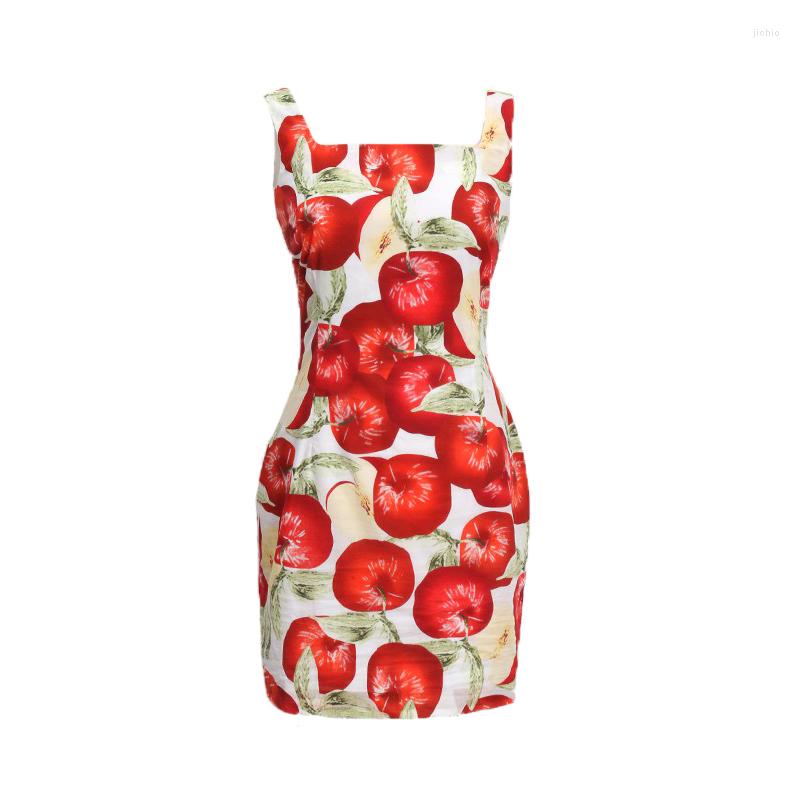 Casual Dresses 2024 Arrival Red Apple Print Women Slim Bodycon Dress Square Neck Vintage Mini Sweet Summer Vestidos Robe Femme