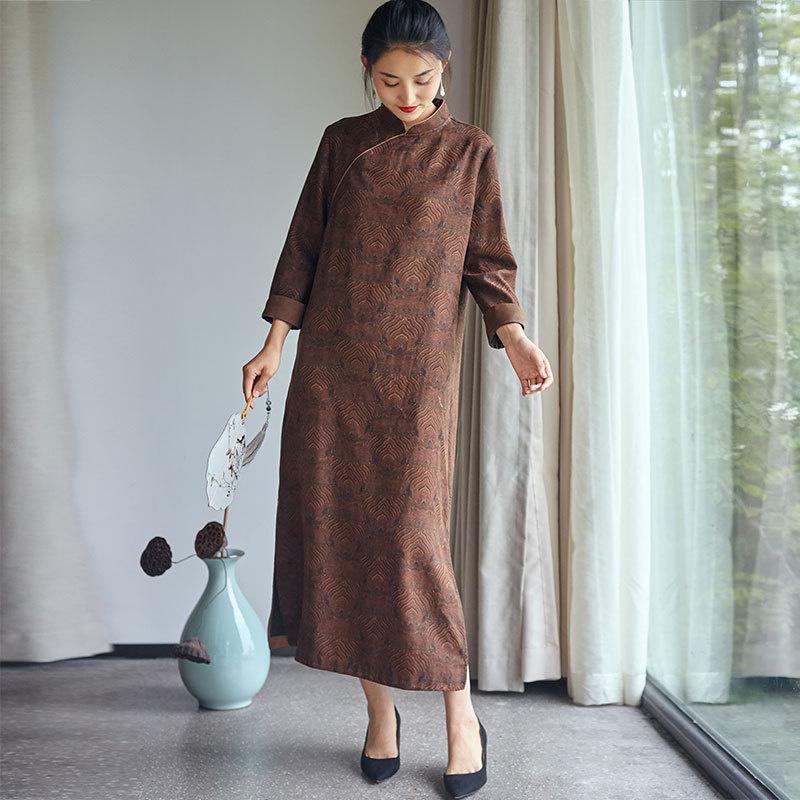 Women's Knits & Tees To Oak 2023 Autumn Stitching Oblique Placket Stand Collar Dragon Pattern Fragrant Cloud Gauze Improved Loose Cheongsam, Dragon brown
Women's Knits & Tees To Oak 2023 Autumn Stitching Oblique Placket Stand Collar Dragon Pattern Fragrant Cloud Gauze Improved Loose Cheongsam, Dragon brown