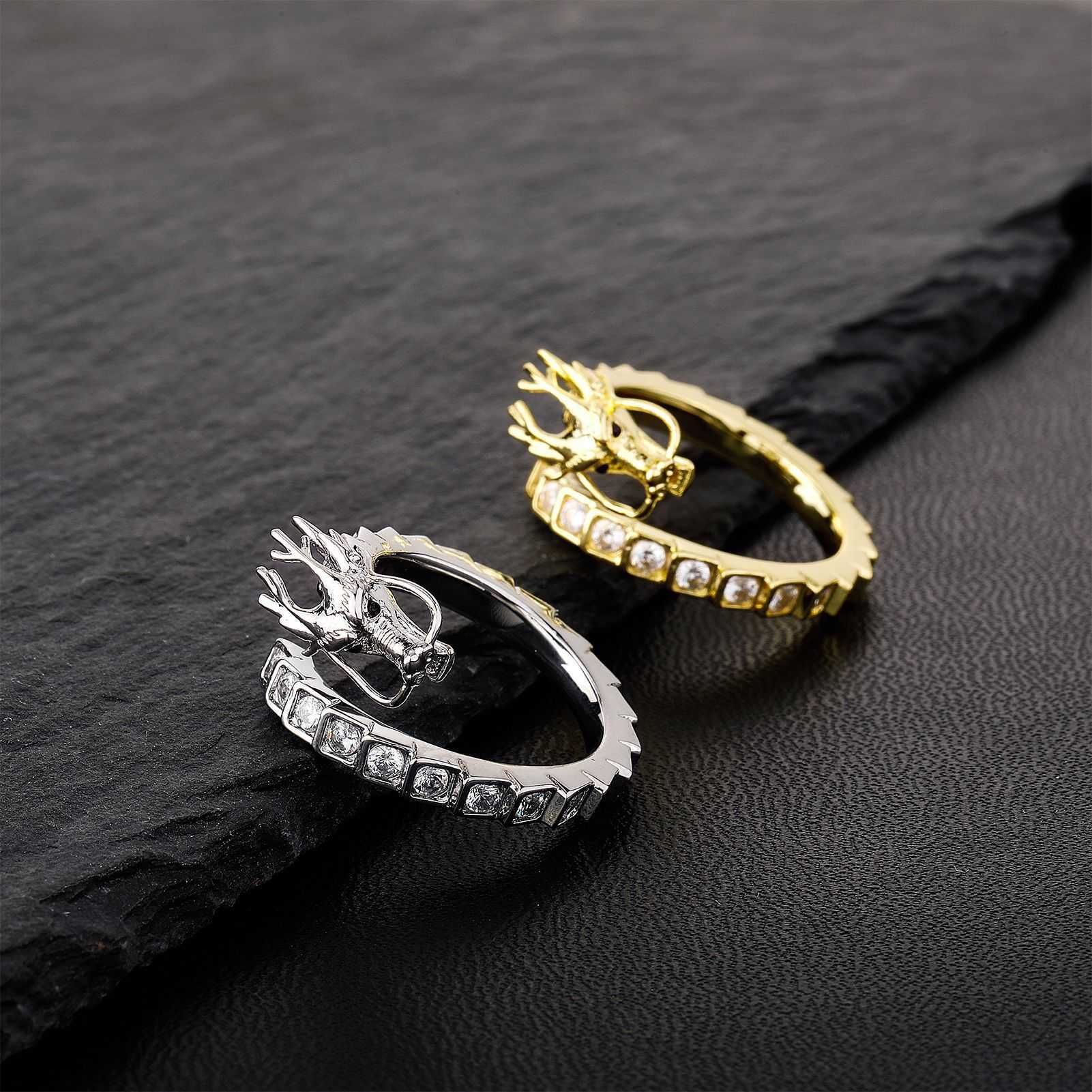 GZW China-Chic 3D Divine Dragon Ring Chinese National Style Hip Hop Adjustable Open Cuff Ring For Men And Women 14k Gold Plated Iced Out Cubic Zirconi