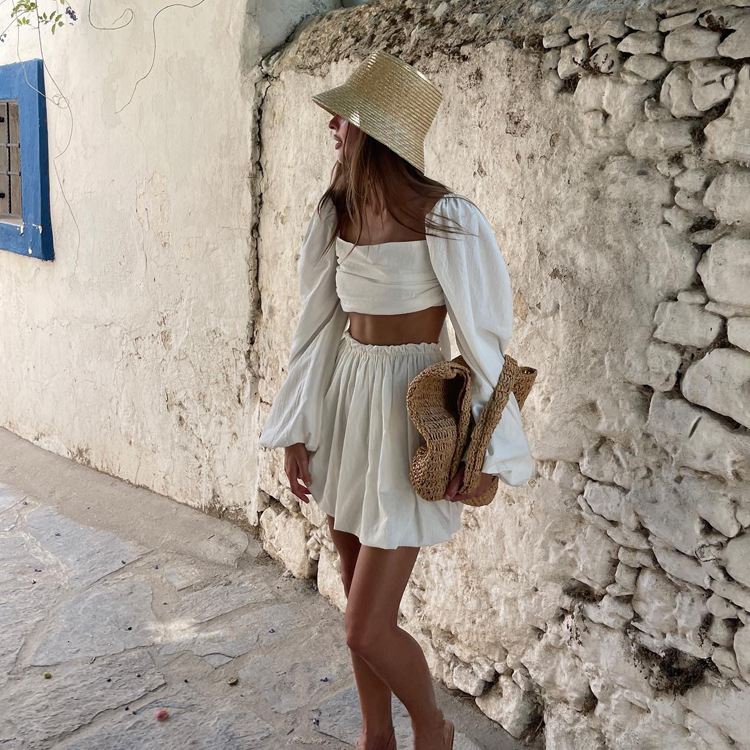 Two Piece Dress Sexy Beige Linen Women Outfits Fashion Puff Sleeve Crop Shirts With High Waist Mini Skirt Sets Female Holiday 230512
