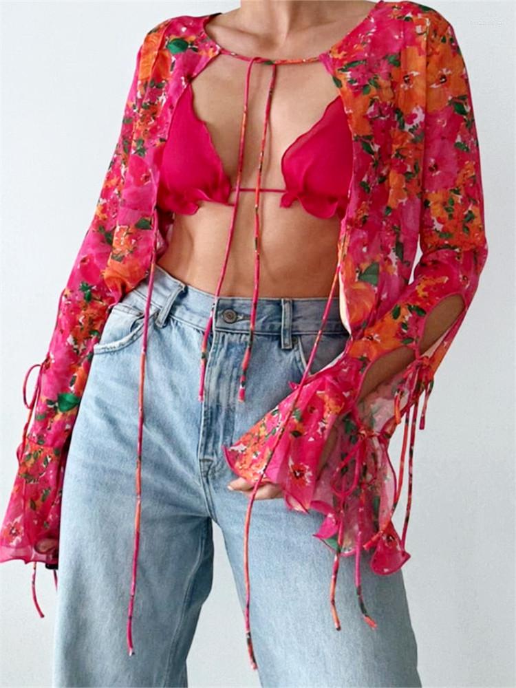 Women' Blouses Women Floral Tie-up Cardigan Tops And Long Flare Sleeve Mesh See Through Shirts Summer Sexy Fairycore Y2K Crop Top, Rose red
Women' Blouses Women Floral Tie-up Cardigan Tops And Long Flare Sleeve Mesh See Through Shirts Summer Sexy Fairycore Y2K Crop Top, Rose red