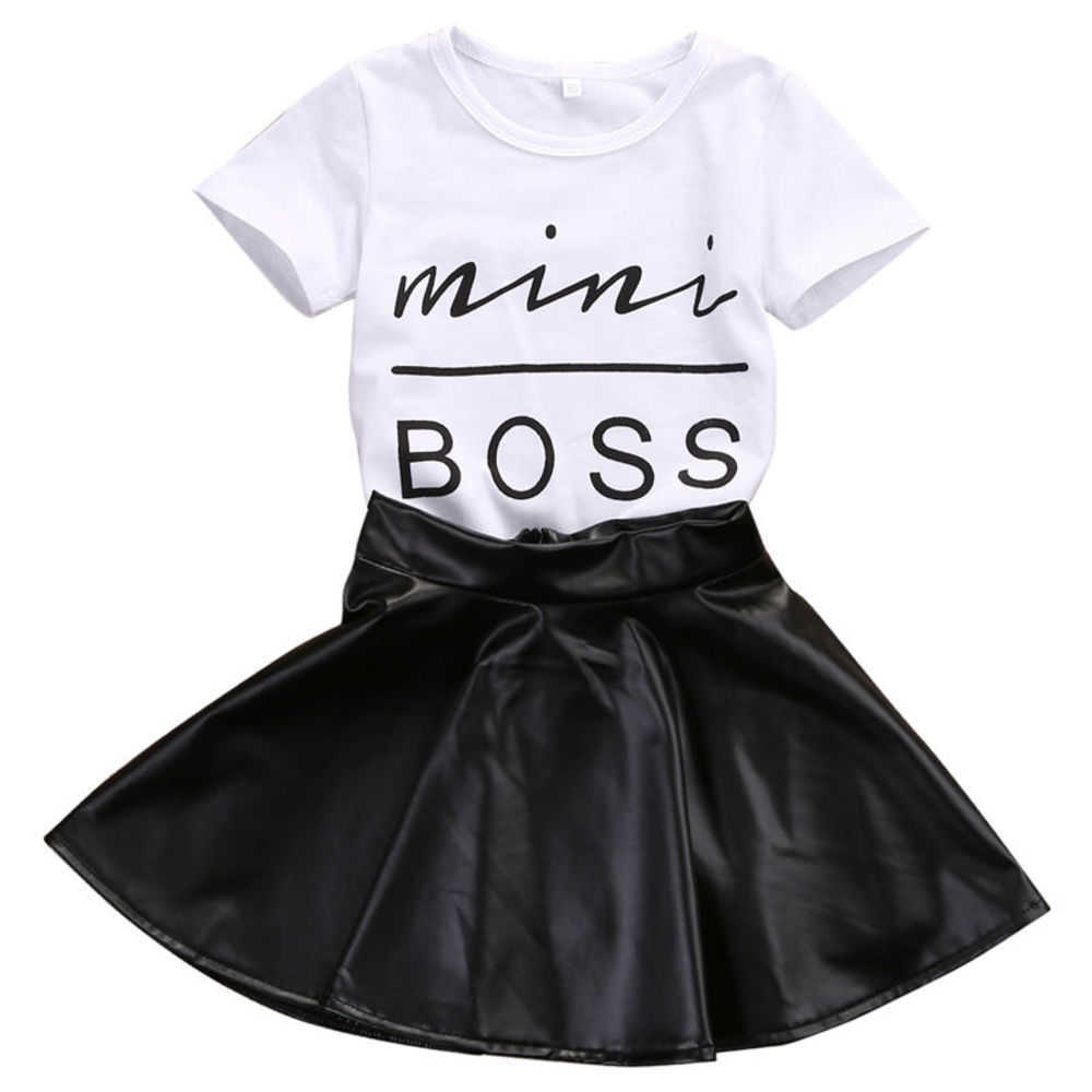 Fashion Girls Dress 2pcs Set Kids Summer Short Sleeve T-shirt Leather Skirts Party Casual Outfits Clothes 1, Black white
Fashion Girls Dress 2pcs Set Kids Summer Short Sleeve T-shirt Leather Skirts Party Casual Outfits Clothes 1, Black white