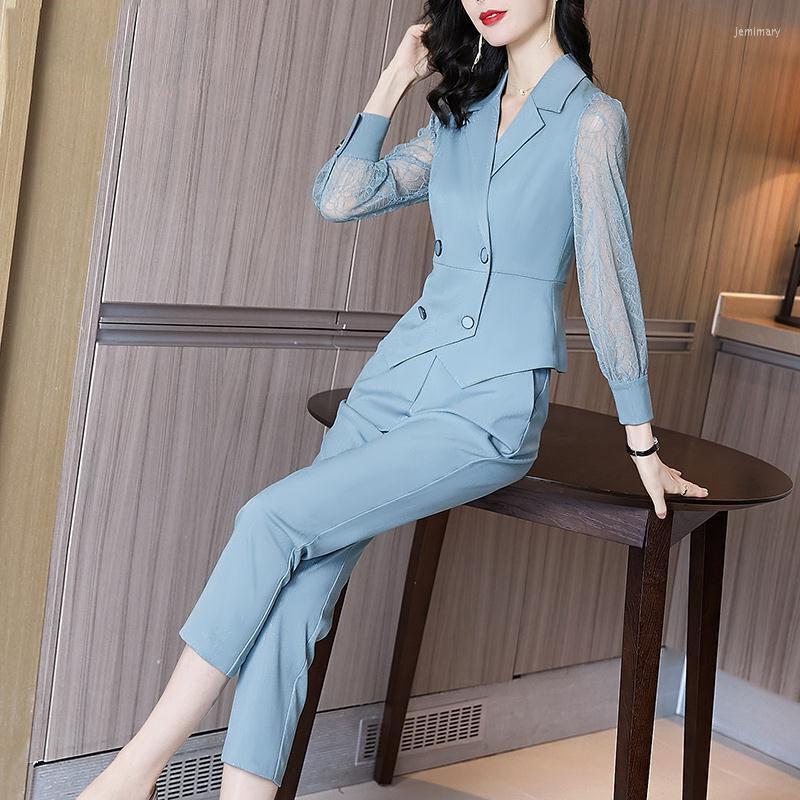 Women' Two Piece Pants 2023 Spring Women Sets Fashion Elegant Patchwork Lace Long Sleeve Office Lady Pantsuits Turn Collar Double Breasted, Blue
Women' Two Piece Pants 2023 Spring Women Sets Fashion Elegant Patchwork Lace Long Sleeve Office Lady Pantsuits Turn Collar Double Breasted, Blue