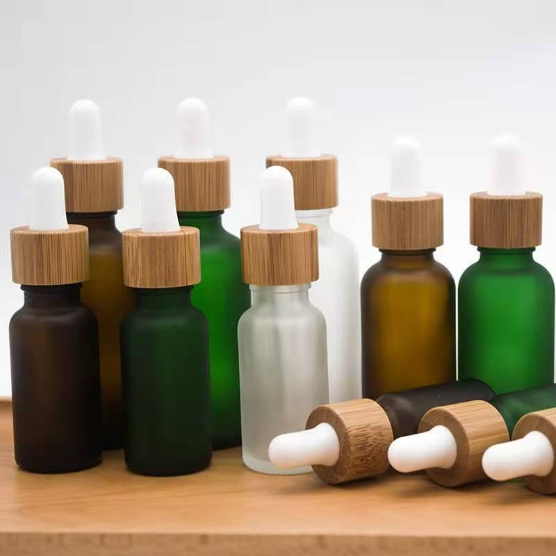 Frosted glass essential oil dropper bottles Blue amber green serum bottle with bamboo reagent pipette cap 10ml 20ml 30ml 50ml 100ml