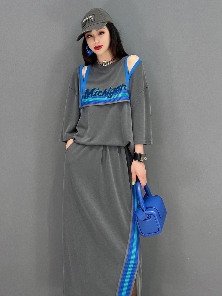 Two Piece Dress QING MO Spring Summer Fashion Suit Leisure Sports Off Shoulder Tshirt Skirt Pieces Set Women ZXF833 230512