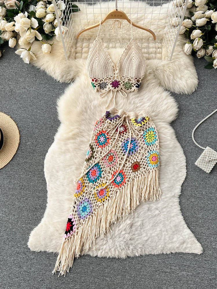 Two Piece Dress Summer Bathing Suit Women 2 Set Spaghetti Straps Bikini Bra Tassel Hip Skirts Matching Beho Knitted Hand Crochet 230512