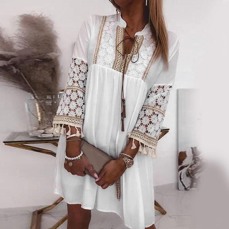 Casual Dresses Womens Lace Patchwork Dress Long Sleeves Hollow Out Tassel Up Mini Loose T Shirt Vacation Holiday, White
Casual Dresses Womens Lace Patchwork Dress Long Sleeves Hollow Out Tassel Up Mini Loose T Shirt Vacation Holiday, White