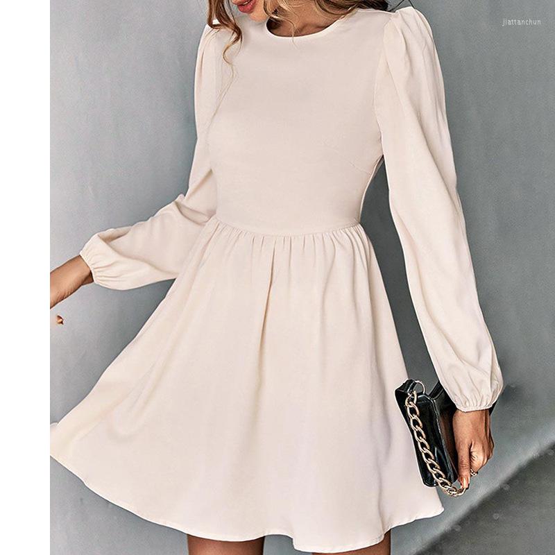 

Casual Dresses Women Ins Solid Color Hollow Out Ruffle Pleated Dress Fashion Long Lantern Sleeve O Neck High Waist A-line, Creamy-white