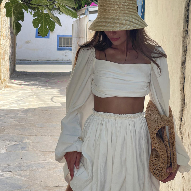 Two Piece Dress Sexy Beige Linen Women Outfits Fashion Puff Sleeve Crop Shirts With High Waist Mini Skirt Sets Female Holiday 230512