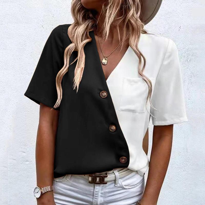 Women' Blouses Summer Women Loose Tops And V Neck Solid Splicing Color Short Sleeve Shirts Elegant Office Ladies 2023 Blusas Feminina, Black
Women' Blouses Summer Women Loose Tops And V Neck Solid Splicing Color Short Sleeve Shirts Elegant Office Ladies 2023 Blusas Feminina, Black