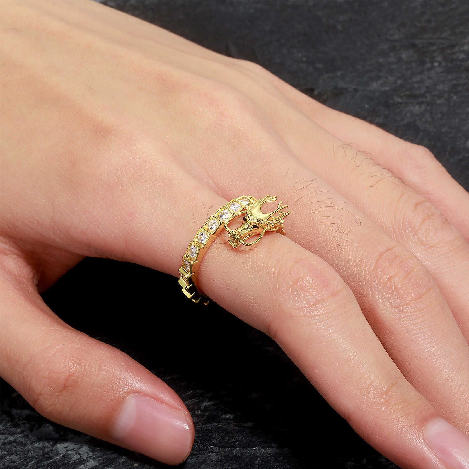 GZW China-Chic 3D Divine Dragon Ring Chinese National Style Hip Hop Adjustable Open Cuff Ring For Men And Women 14k Gold Plated Iced Out Cubic Zirconi
