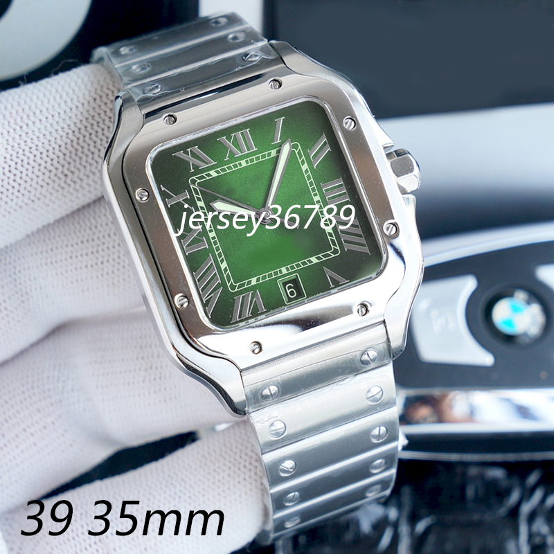 Square Mens Watches 39mm green tank watch rubber and 904L Stainless Steel Mechanical Watches Case Bracelet Fashion Date Watch Male lady 35mm watch Montre De Luxe AAA, 20