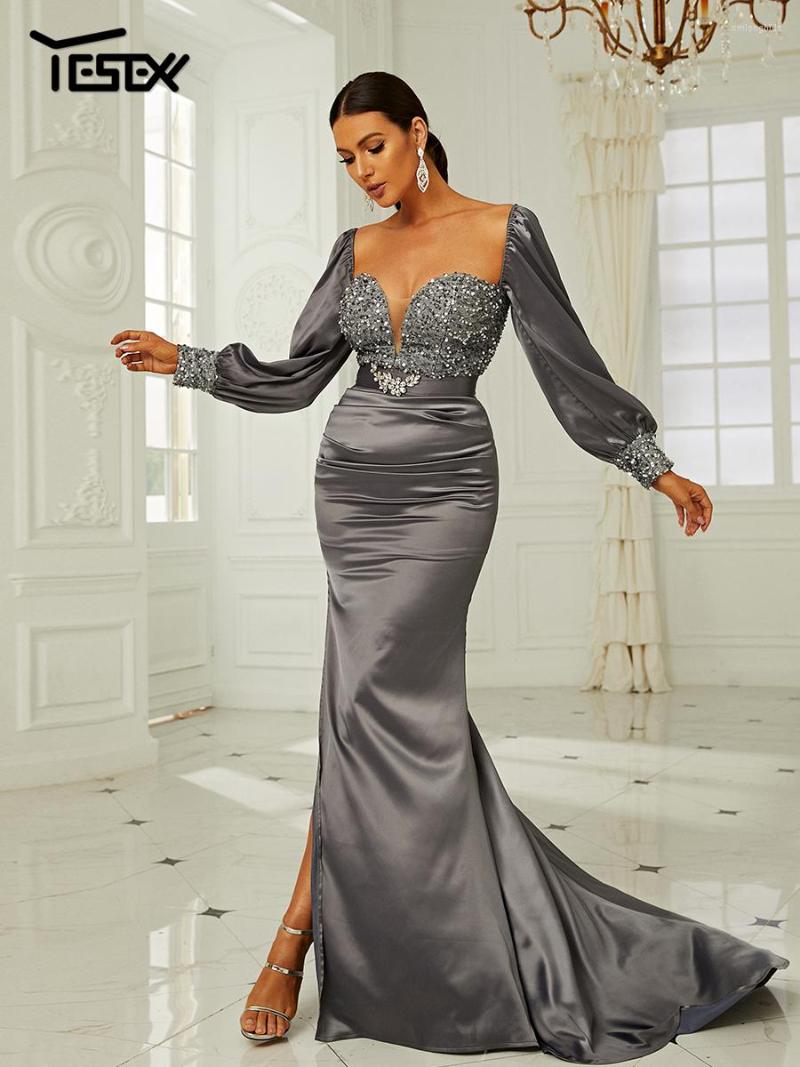 

Casual Dresses Yesexy Women Winter Dress Long Sleeve Corset Grey Satin Mermaid Evening Gown Elegant For Party