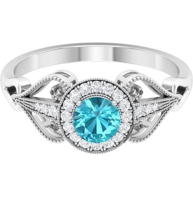 Solitaire Ring Swiss Blue Topaz and Diamond Gold Beaded Statement 5 MM Round Cut 14K Solid 2209126543105