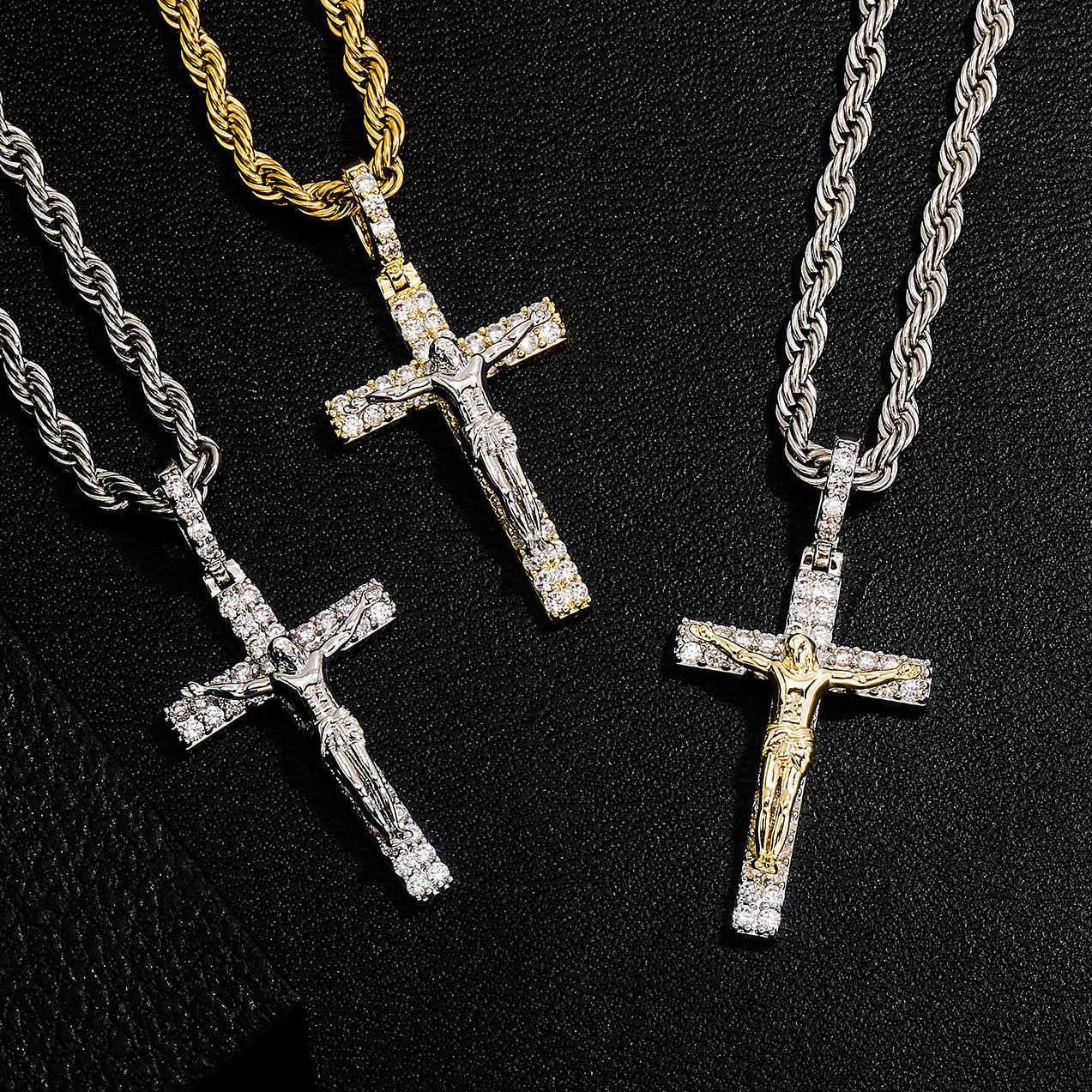 Designer Baguette Cz Stone Large Cross Jesus Pendant Necklace Micro Set Cubic Zircon Real Gold Plated Mens Women's Hip Hop Jewelry Aesthetic Crys