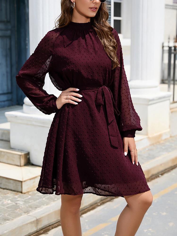 Casual Dresses Chiffon Jacquard Dress Women Elegant Belt Maxi Female Long Sleeve Solid Mini Ladies Evening Summer