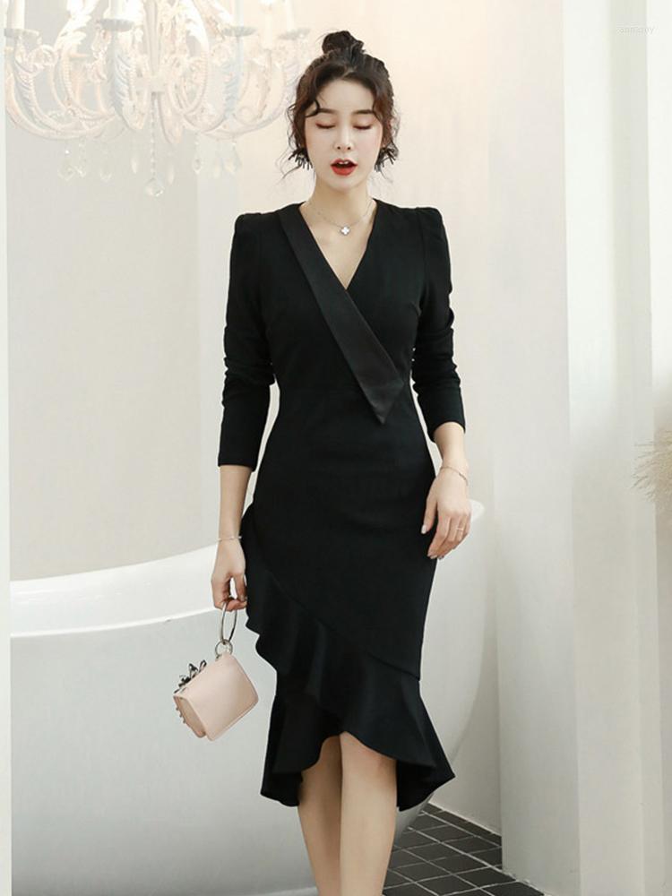 

Casual Dresses Spring Women Mini Dress Commuter French Elegant Black Solid V-neck Long Sleeve Split Ruffles Fishtail Robe Vestidos Mujer