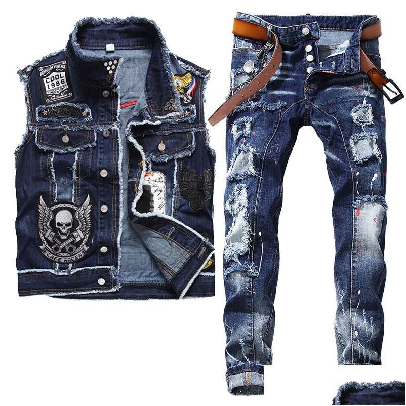 Men'S Tracksuits Autumn Blue Mens Denim Two Piece Set Casual Embroidery Skl Vest And Ragged Paint Stretch Jeans 2Pcs Sets Conjuntos Dhzd0, Vest and jeans 888.1027
Men'S Tracksuits Autumn Blue Mens Denim Two Piece Set Casual Embroidery Skl Vest And Ragged Paint Stretch Jeans 2Pcs Sets Conjuntos Dhzd0, Vest and jeans 888.1027