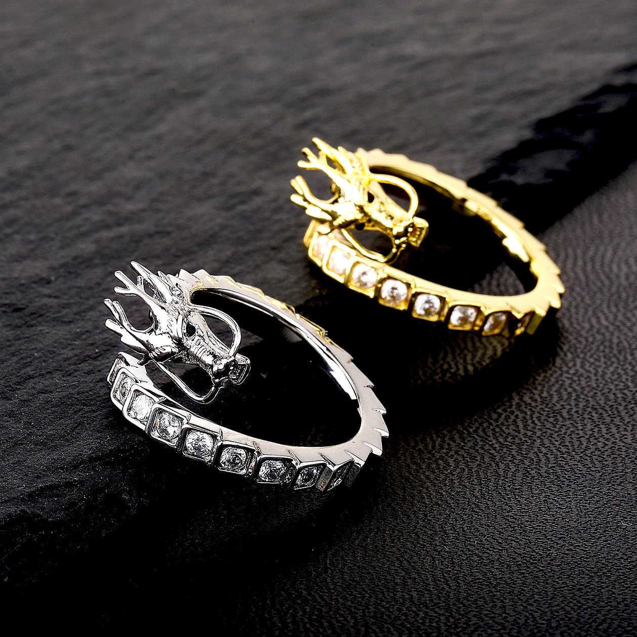 GZW China-Chic 3D Divine Dragon Ring Chinese National Style Hip Hop Adjustable Open Cuff Ring For Men And Women 14k Gold Plated Iced Out Cubic Zirconi