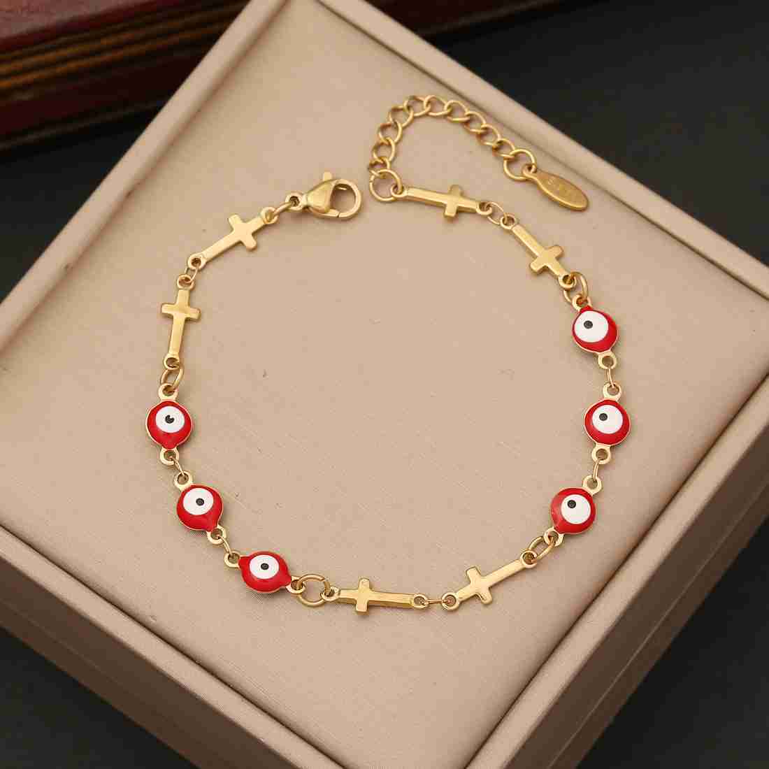 New Design18k Gold Stainless Steel Cross/evil Eye/heart Lucky Charms Bracelet Women B375
New Design18k Gold Stainless Steel Cross/evil Eye/heart Lucky Charms Bracelet Women B375