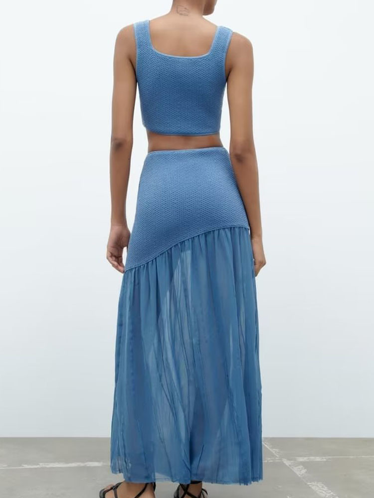 Two Piece Dress TRAF Fashion Women Solid Knitted Skirts Sets Summer Square Collar Sleeveless Tank Tops High Waist Patchwork Outwear 230512