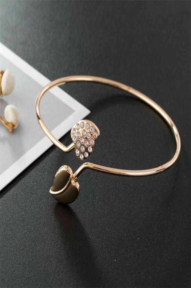 Womens Simple Double Heart Rhinestone Cuff Open Bangle Adjustable for Casual9294681