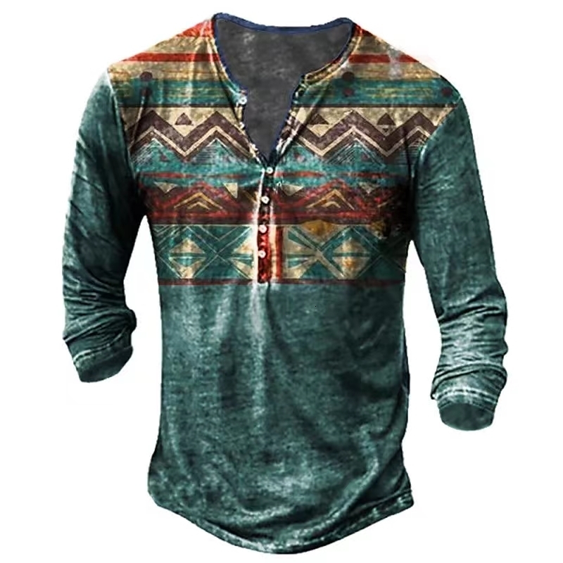 Men's Polos Vintage Men T Shirts With Button Ethnic Pattern Summer 3d Print Tees O Neck Long Sleeve Cotton Oversized TShirt Male Clothing 230512