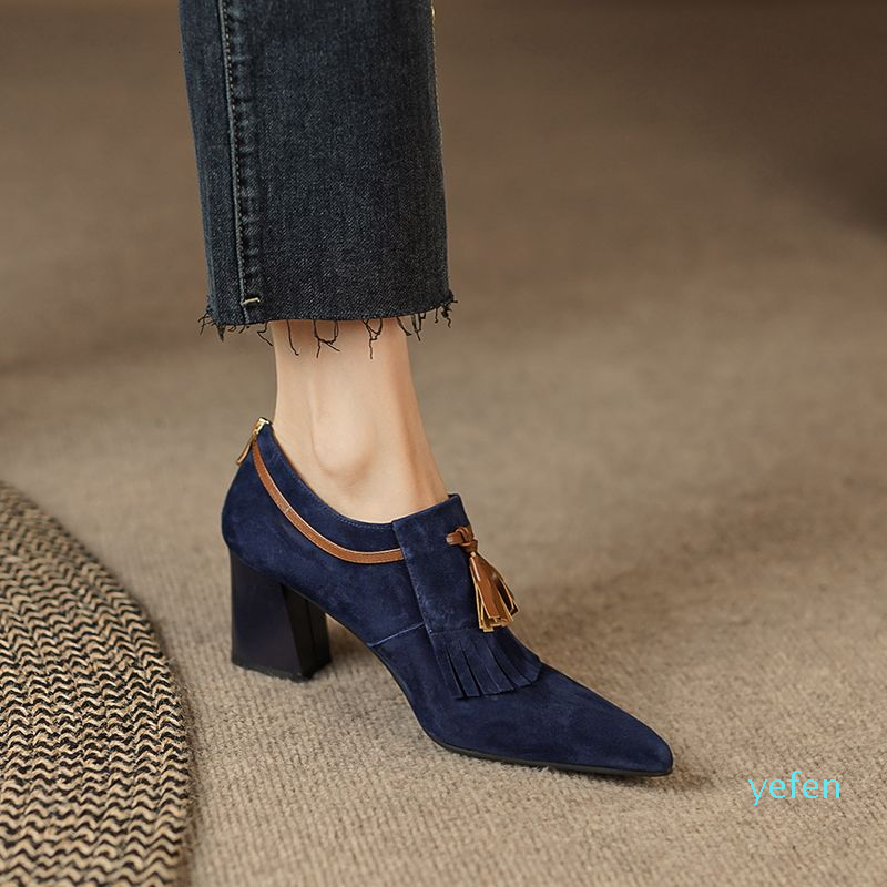 Dress Shoes Spring Women Shoes Pointed Toe Chunky Heel Women Pumps Sheep Suede High Heels, Blue