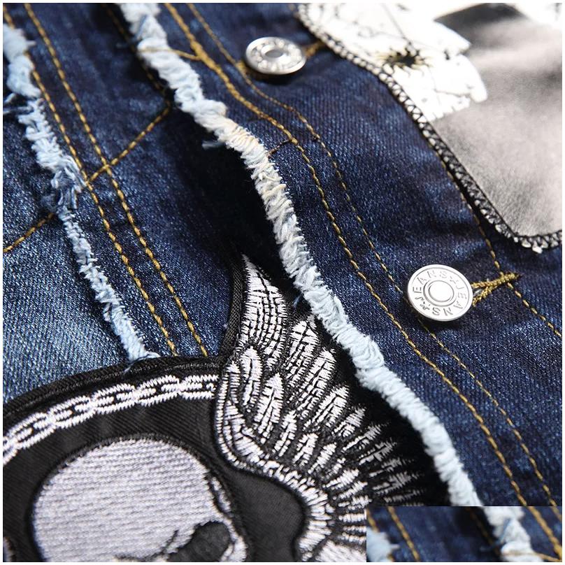 Men'S Tracksuits Autumn Blue Mens Denim Two Piece Set Casual Embroidery Skl Vest And Ragged Paint Stretch Jeans 2Pcs Sets Conjuntos Dhzd0