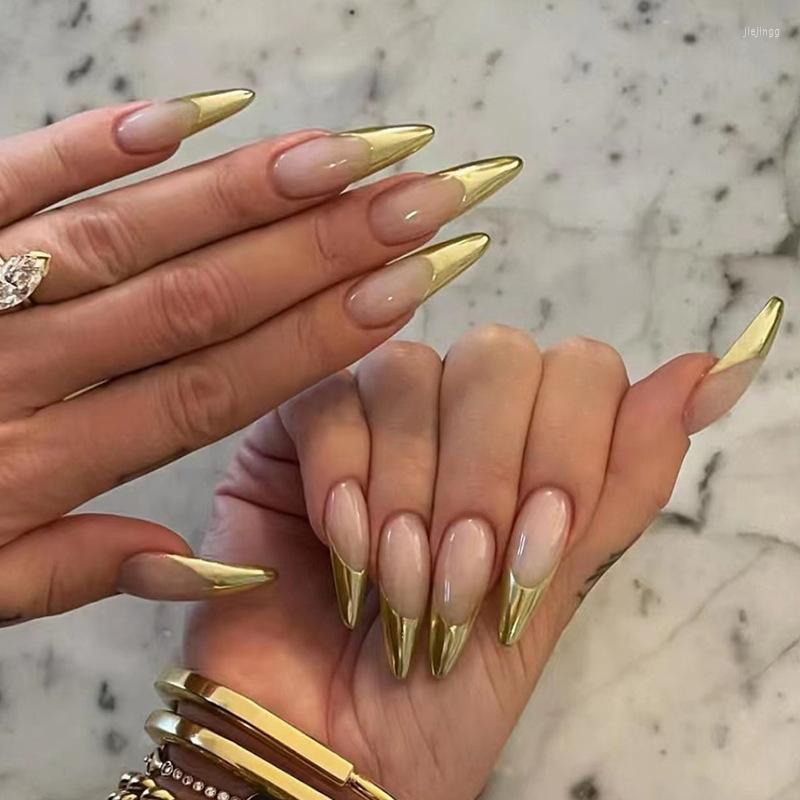 False Nails Gold French Press On 24pcs Long Pointed Head Gradient Aurora Fake Wearable Full Cover European Artificial Nail Tips, A2
False Nails Gold French Press On 24pcs Long Pointed Head Gradient Aurora Fake Wearable Full Cover European Artificial Nail Tips, A2