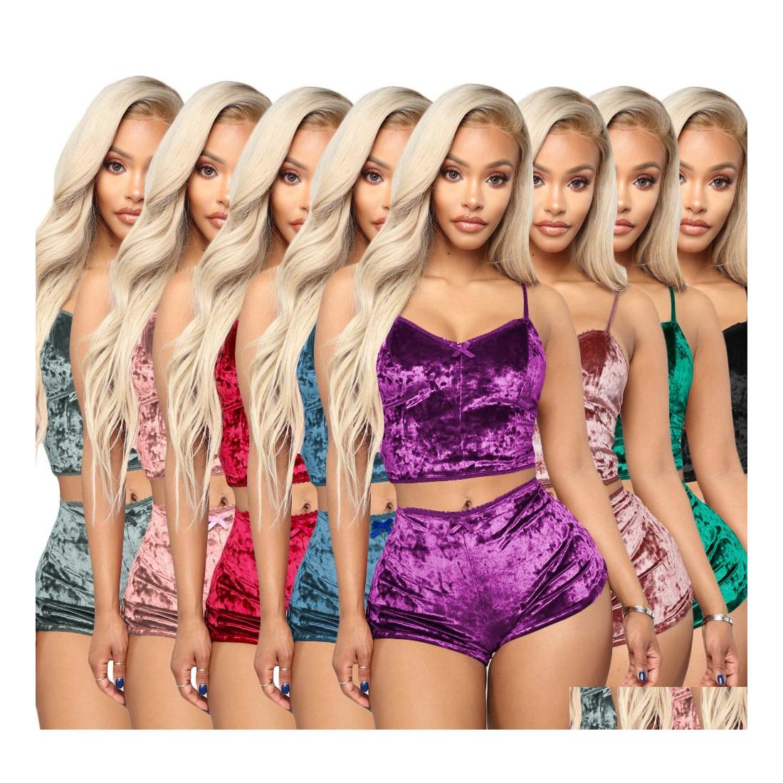 Sexy Set Fashion Underwear Ladies 2Pcs Veet Sleepwear Sets Spaghetti Strap Shorts Pajamas Women Gils Pajama Party Suit Drop Delivery Dhreq, Red 
Sexy Set Fashion Underwear Ladies 2Pcs Veet Sleepwear Sets Spaghetti Strap Shorts Pajamas Women Gils Pajama Party Suit Drop Delivery Dhreq, Red