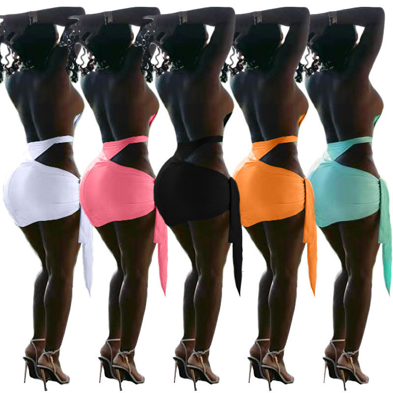 Two Piece Dress Adogirl Women Sexy Summer Beach Set Deep V Neck Halter Backless Bodysuit Lace Up Bodycon Mini Skirt Swimwear Suit 230512