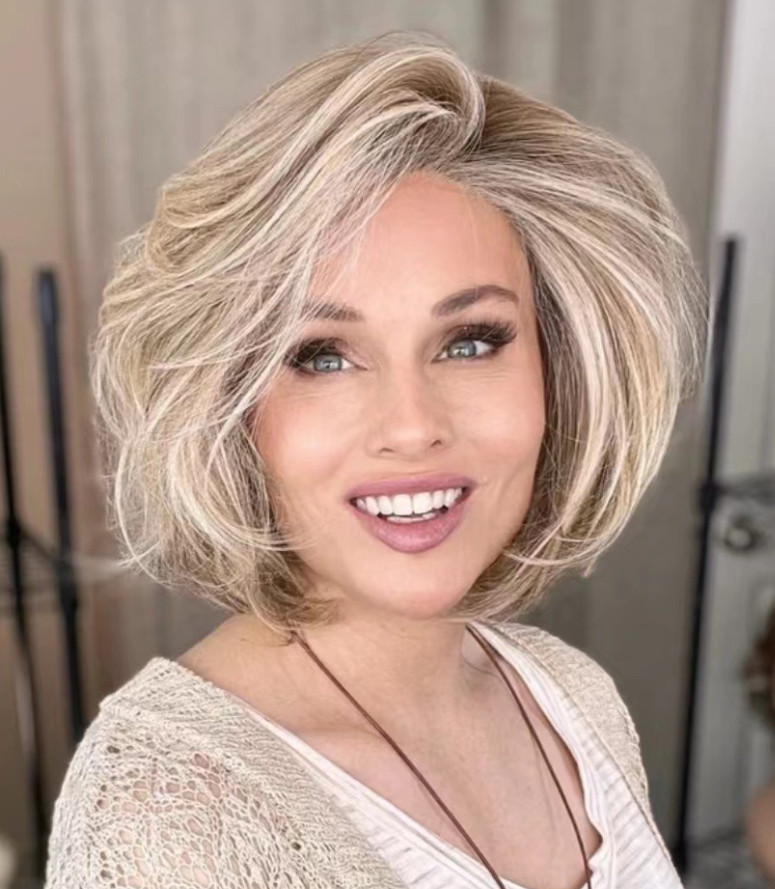 The latest wig women short head cover is fluffy brown gold slanted bangs short straight hair rose net wig head cover with many styles to choose from