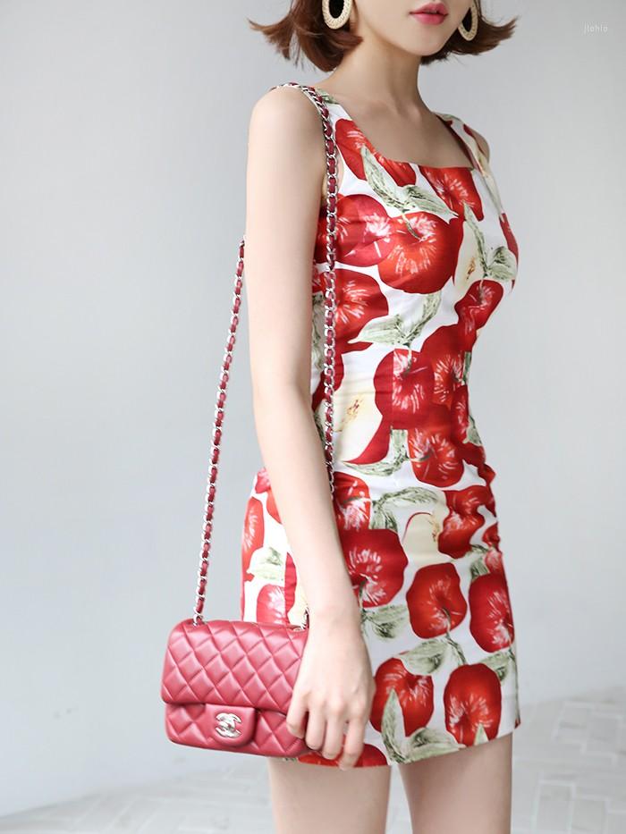 Casual Dresses 2024 Arrival Red Apple Print Women Slim Bodycon Dress Square Neck Vintage Mini Sweet Summer Vestidos Robe Femme