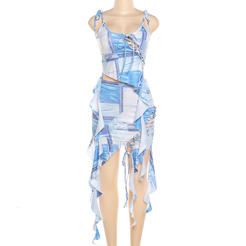 Two Piece Dress Gtpdpllt Denim Print Y2k Sexy 2 Set Women Summer Club Outfit Ruffle Fringed Asymmetrical Long Sets 230512