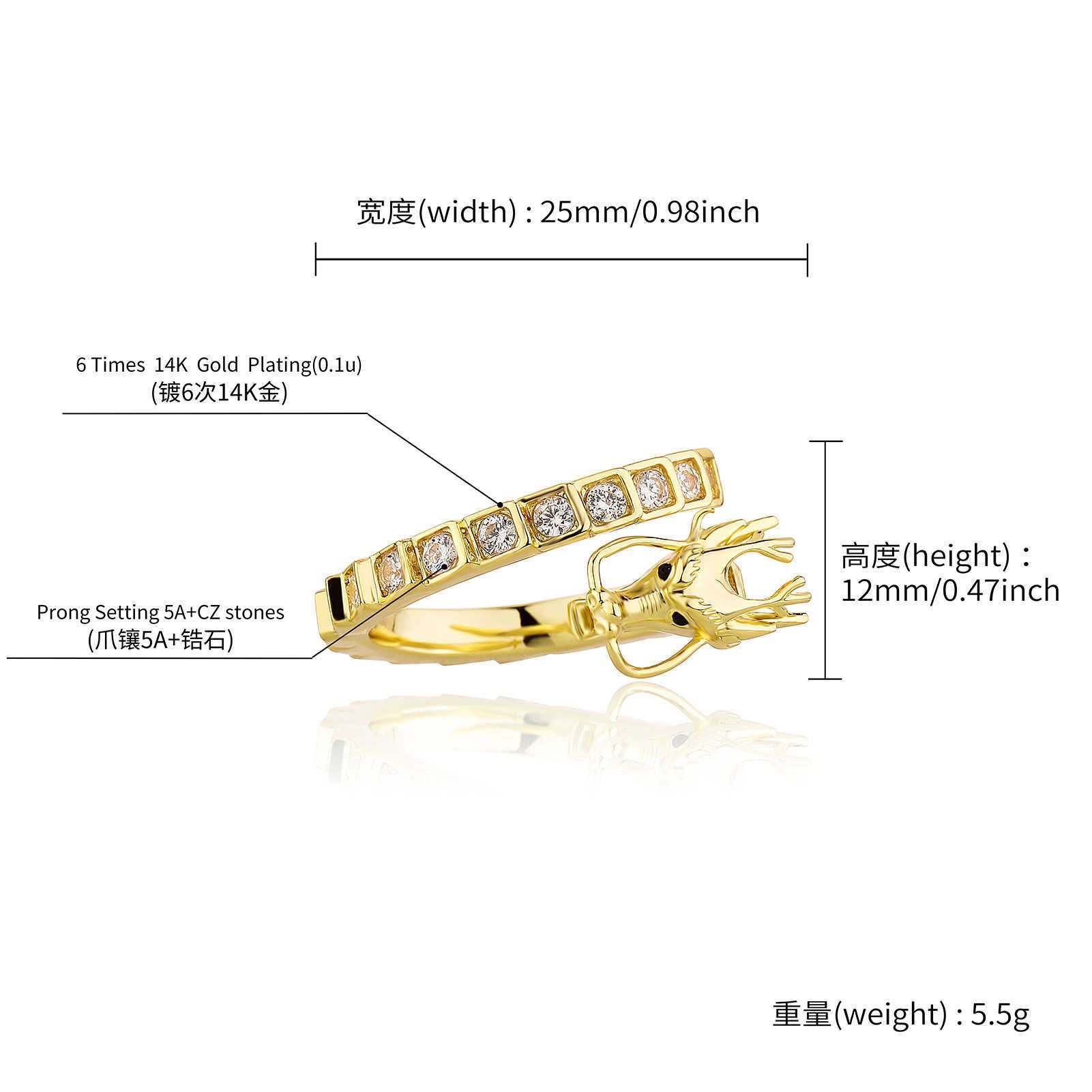 GZW China-Chic 3D Divine Dragon Ring Chinese National Style Hip Hop Adjustable Open Cuff Ring For Men And Women 14k Gold Plated Iced Out Cubic Zirconi