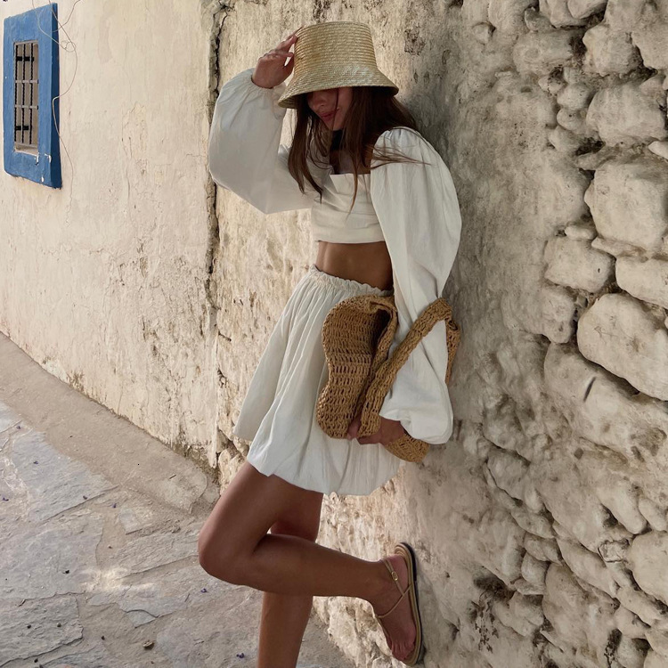 Two Piece Dress Sexy Beige Linen Women Outfits Fashion Puff Sleeve Crop Shirts With High Waist Mini Skirt Sets Female Holiday 230512